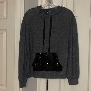 ANTHROPOLOGIE Gray Soft Knit Hoodie with Black Sequin Pocket